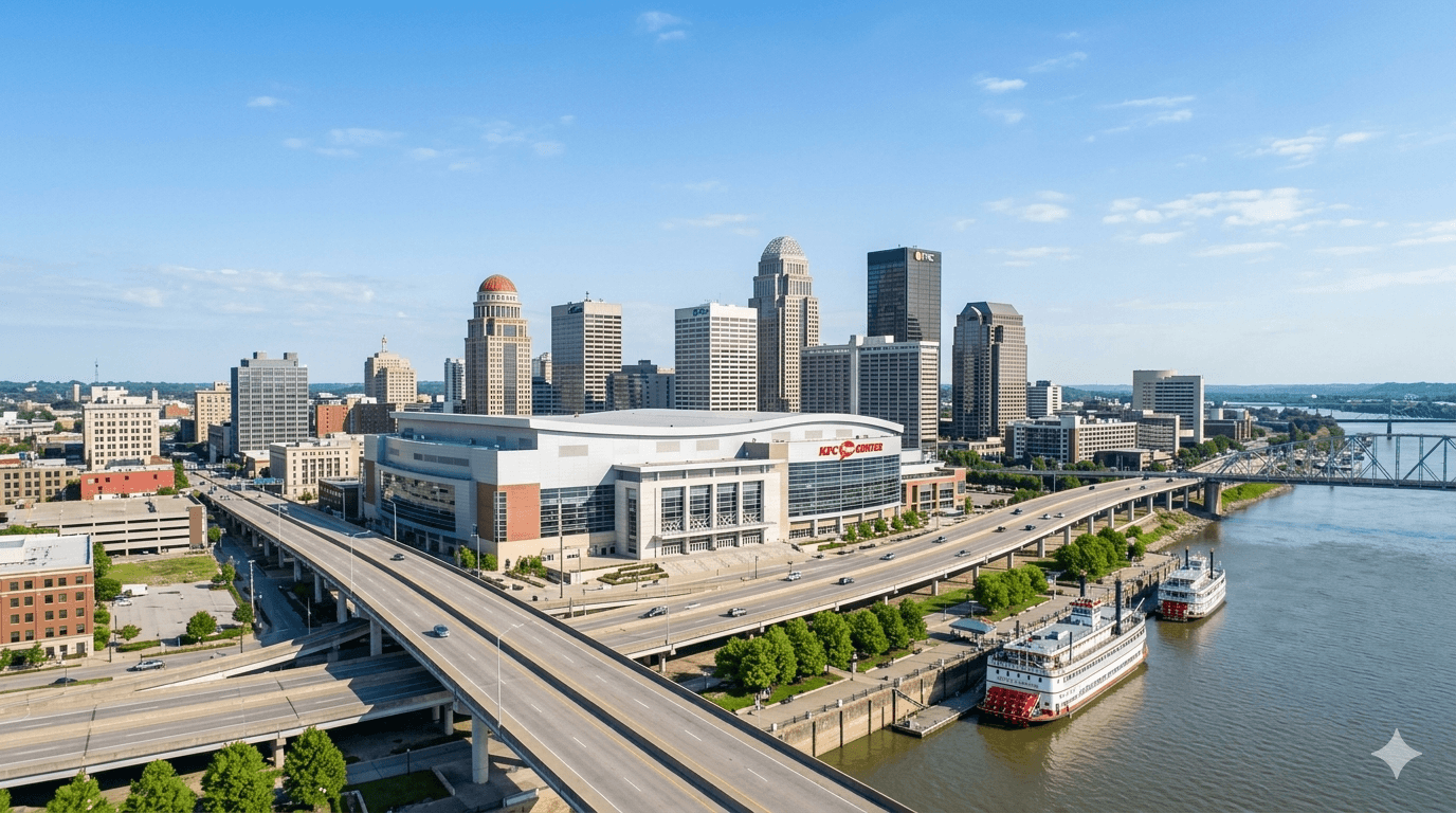Louisville Kentucky skyline at sunset